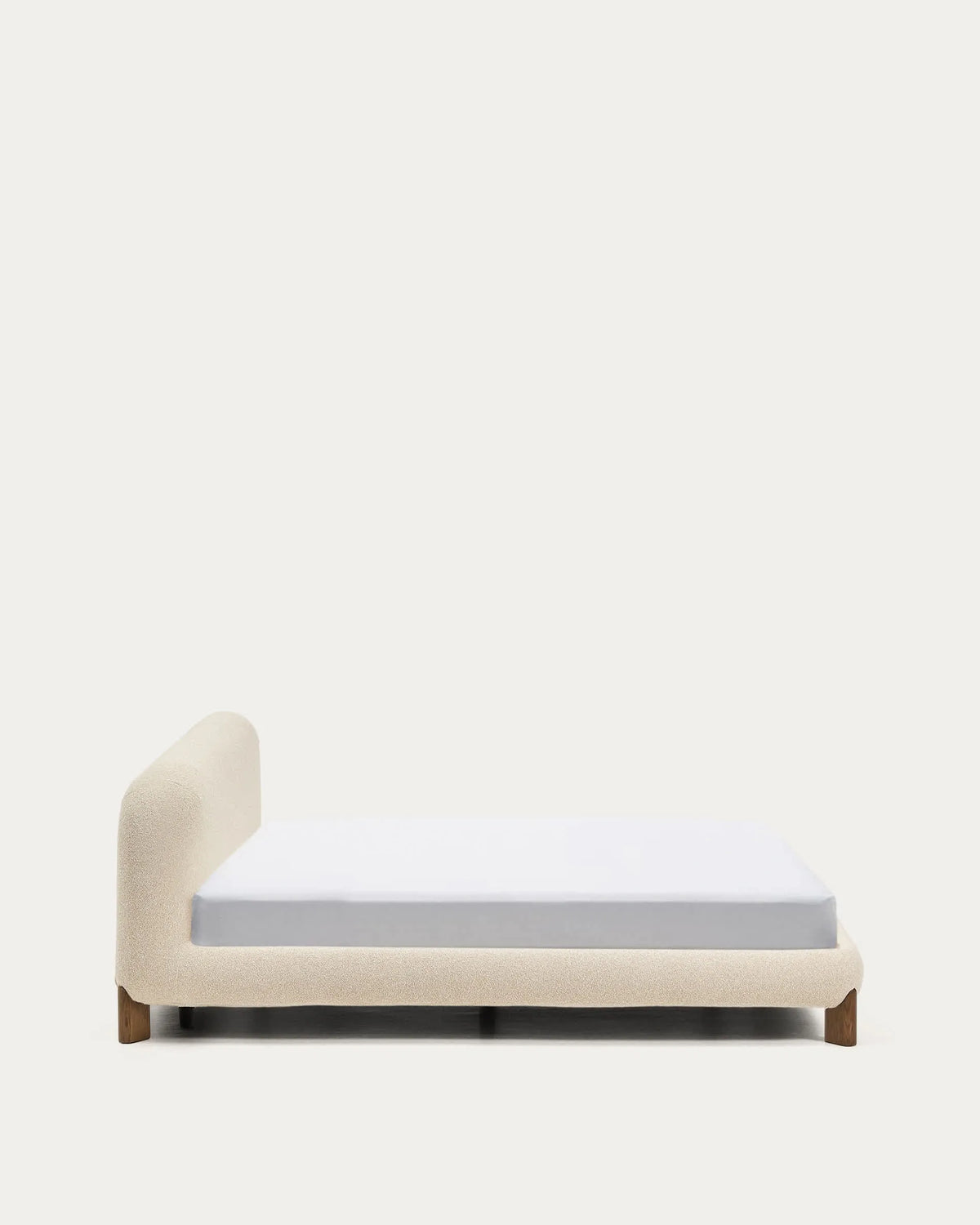 Ecru Bouclé Japandi Bed with Walnut Legs 180x200cm