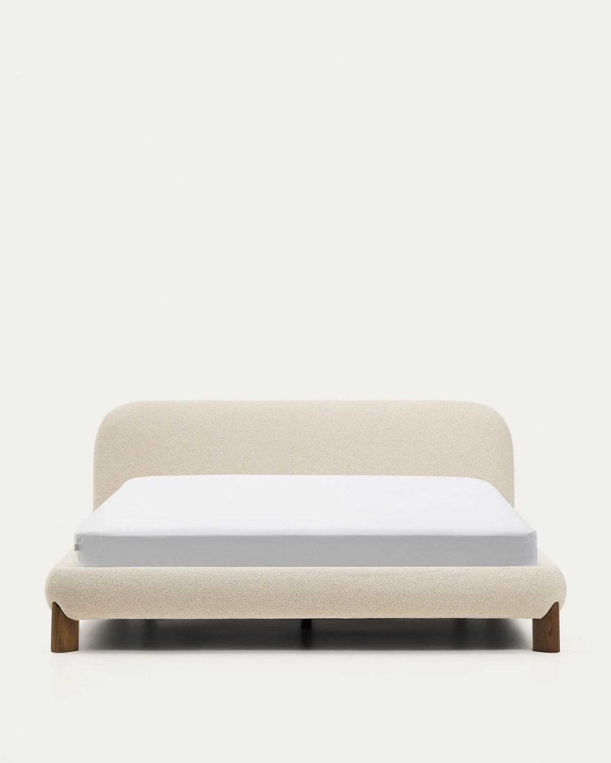Ecru Bouclé Japandi Bed with Walnut Legs in solid ash wood