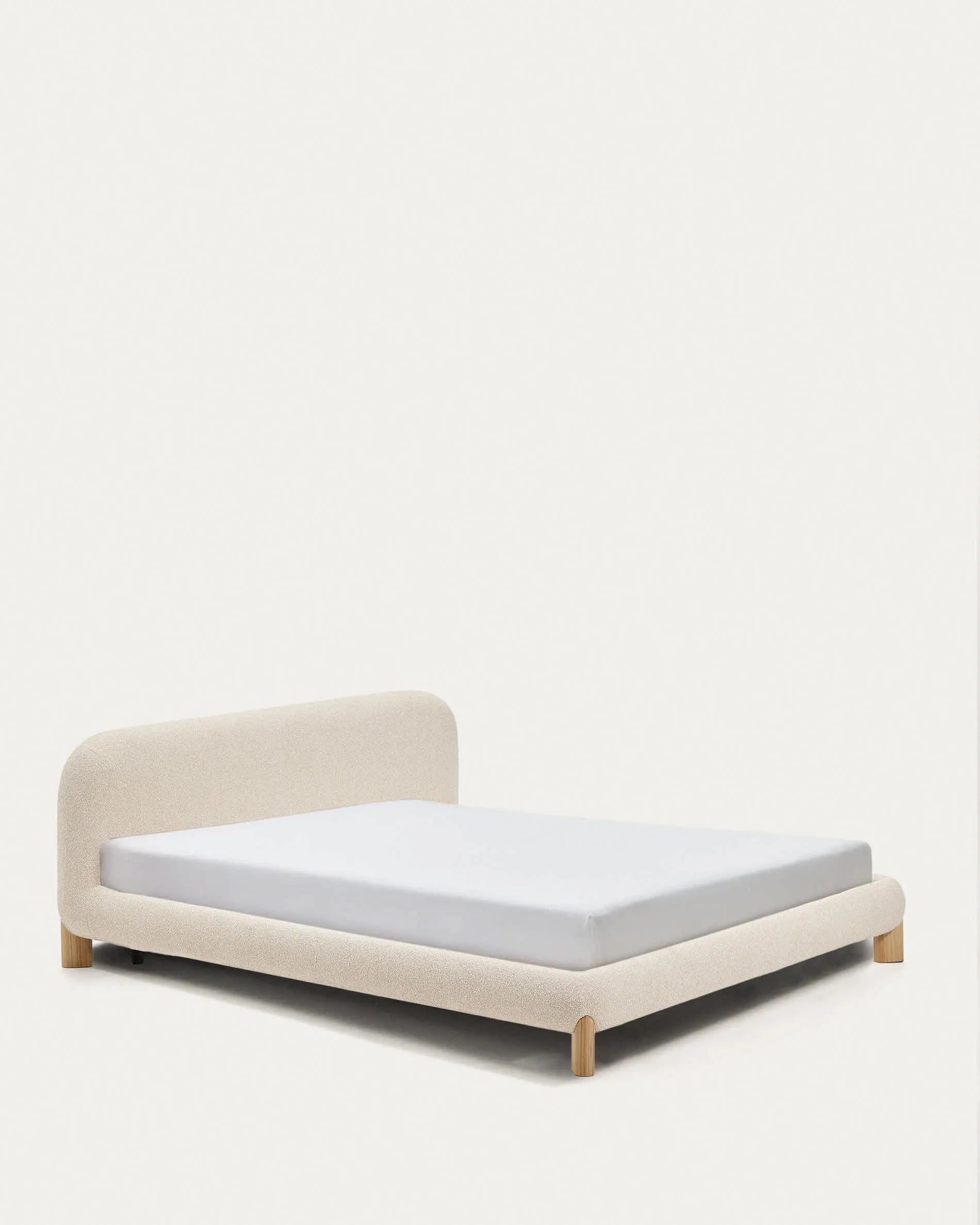 Ecru Bouclé Japandi Bed with Light Wood Legs 180x200cm