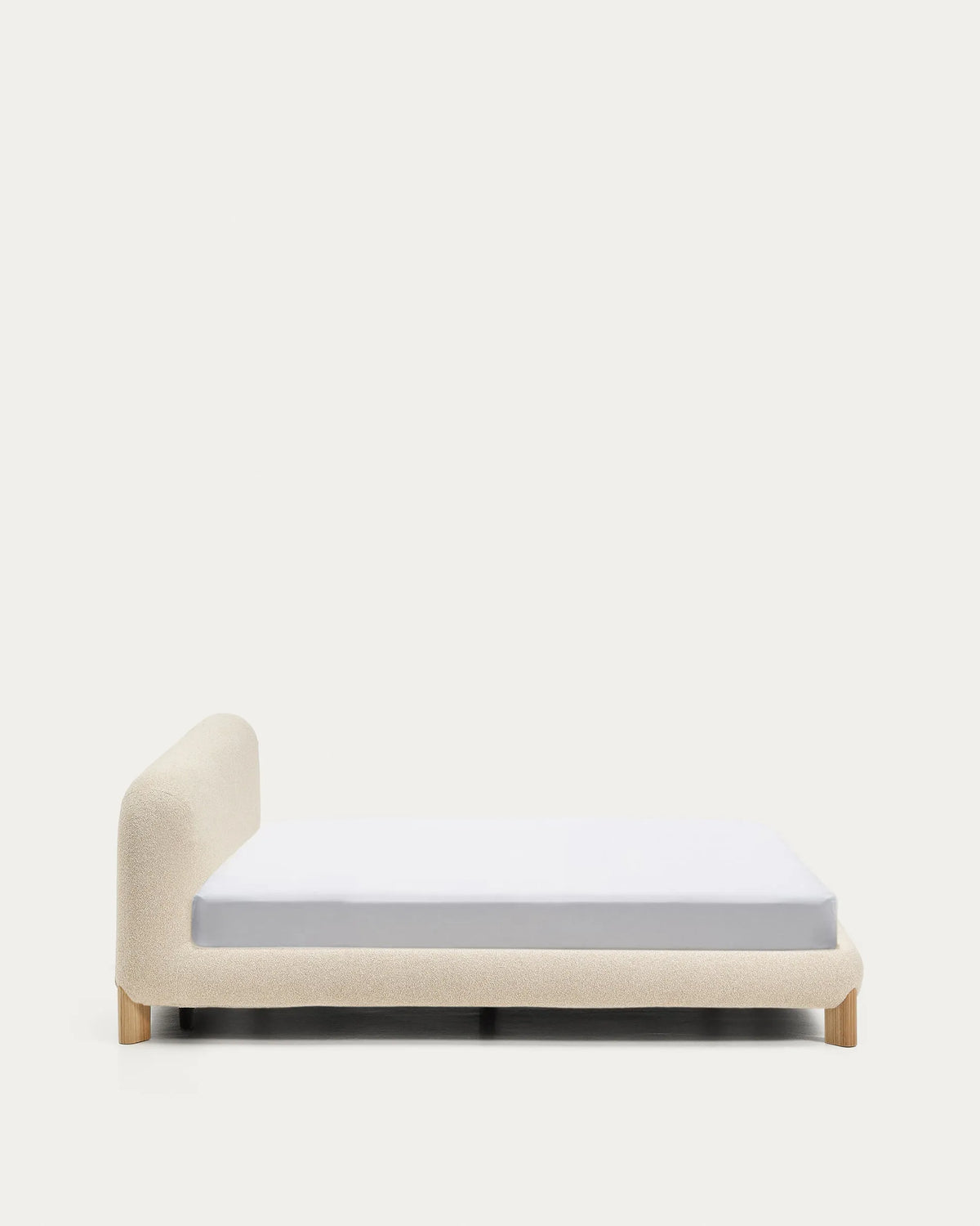 Ecru Bouclé Japandi Bed with Light Wood Legs 180x200cm