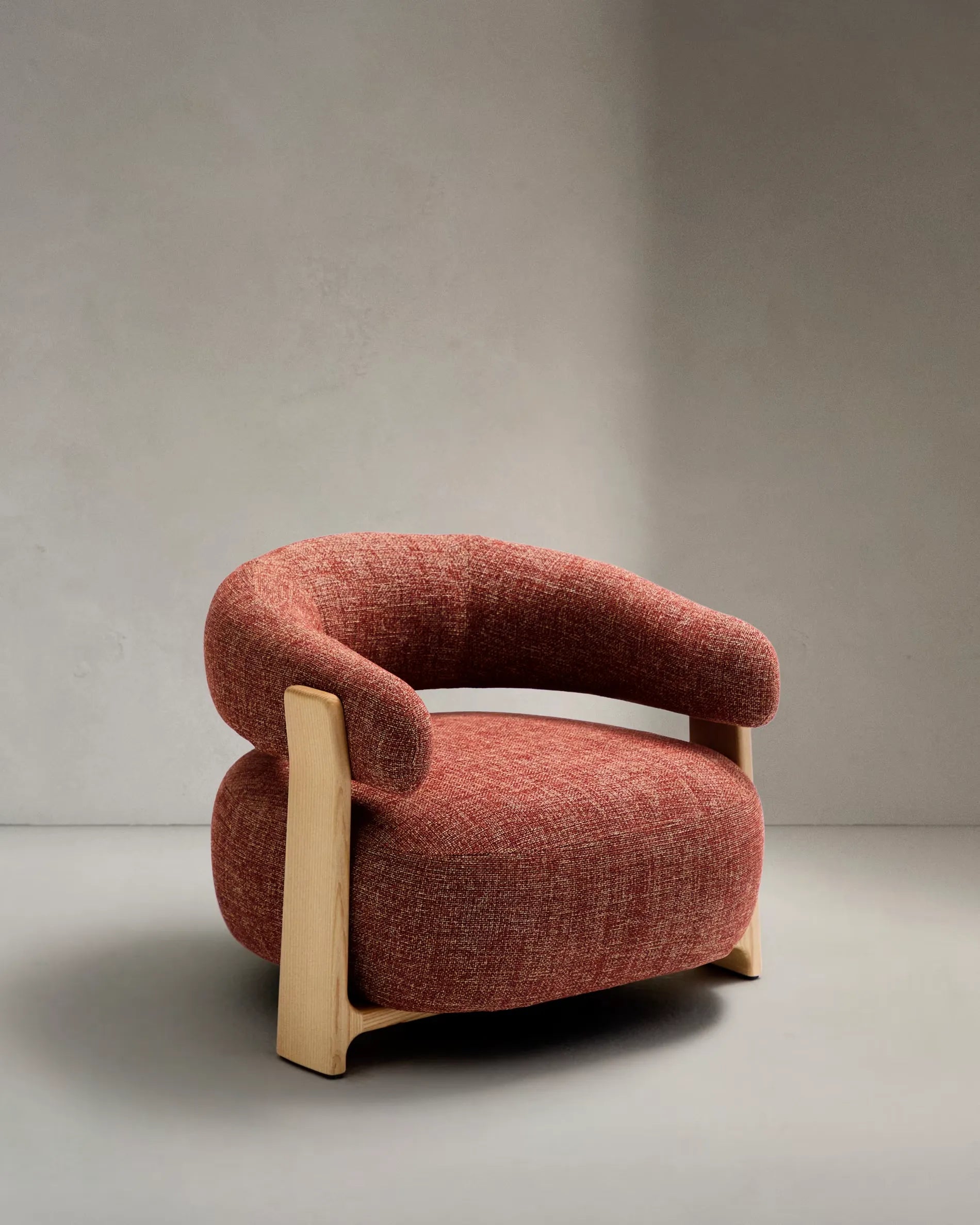 Terracotta Chenille Japandi Armchair in recycled chenille fabric