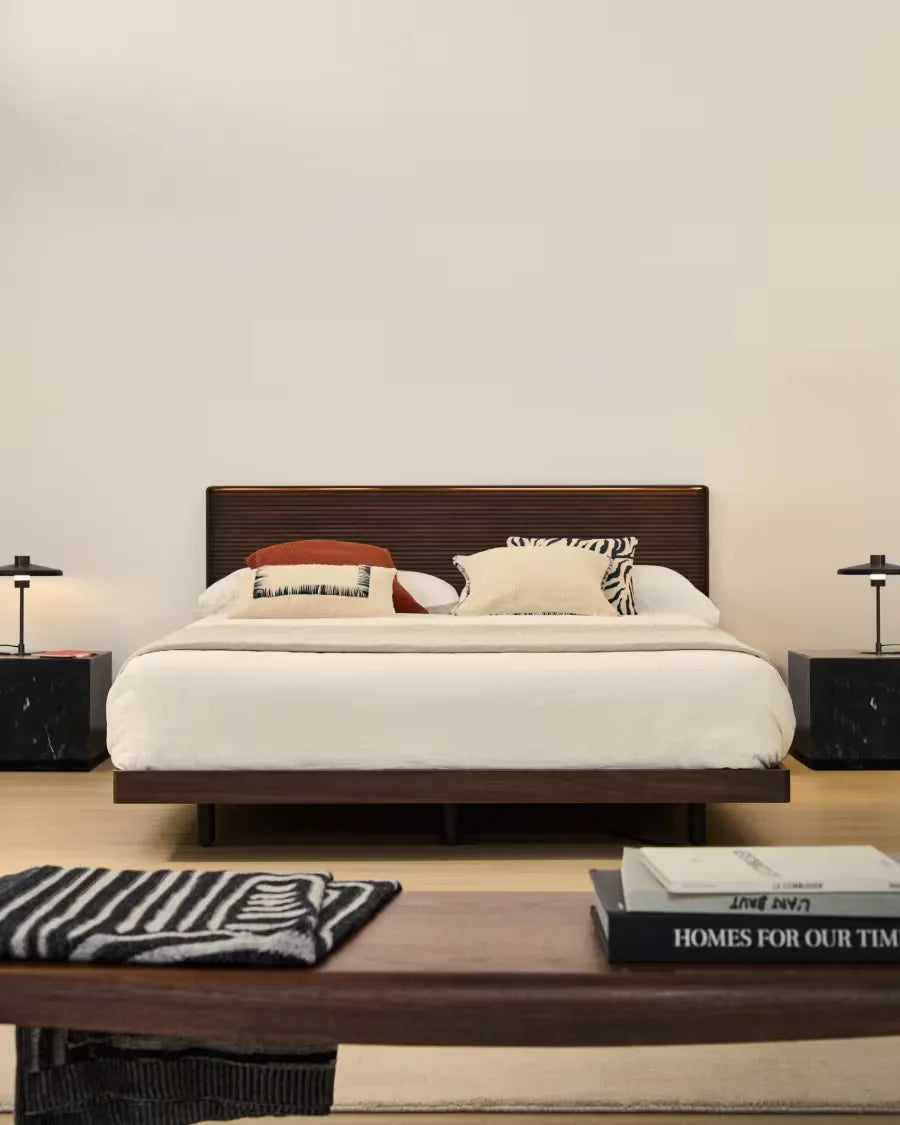Walnut Veneer Japandi Bed 160x200cm in walnut veneer with LED